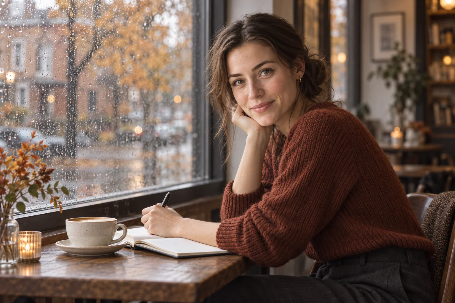 Maisie writing in a notebook by a rainy café window